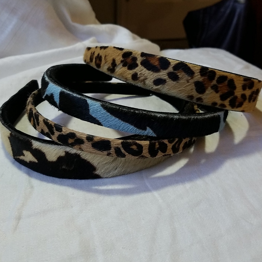 4 FAUX ANIMAL SKIN HEADBANS, LINED IN FELT